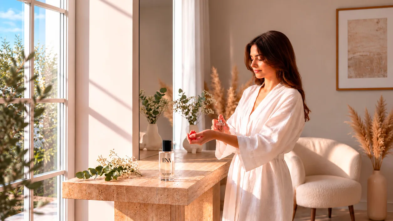 A woman trying a BNA fragrance from the Etna Wellness catalogue